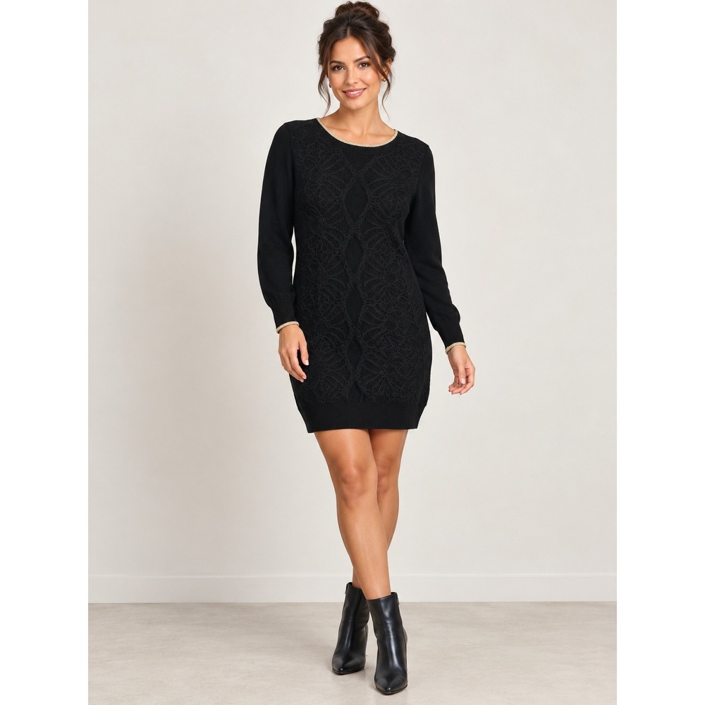 Cory Black Lace Overlay Knit Mini Dress Gold Trim Long Sleeve Button Back Small